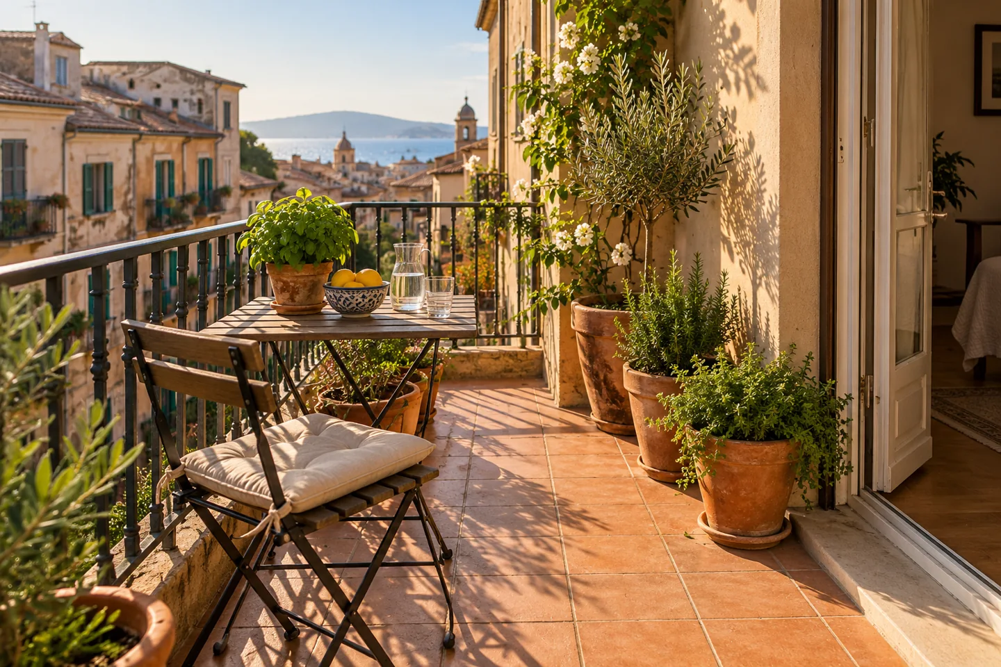 Petit balcon avec table pliante, assise et plantes le long du mur.