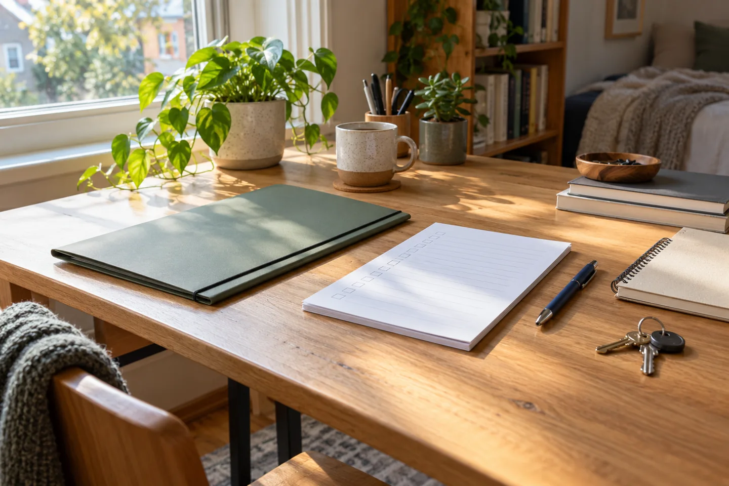 Dossier, carnet et clés sur une table de travail.